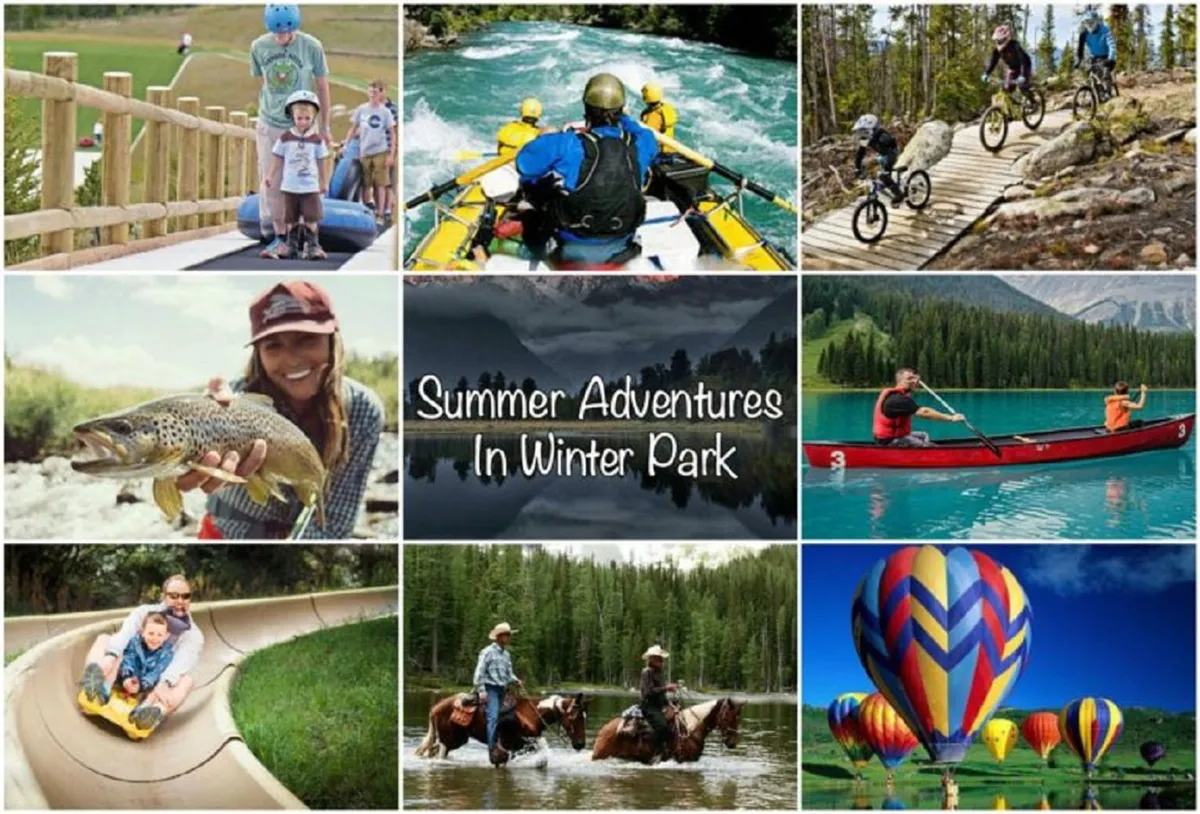 A vibrant collage of families enjoying a variety of outdoor activities, including water rafting, mountain biking, horseback riding, and kayaking, all set against scenic mountain backdrops. The image captures the range of adventures available in all seasons.