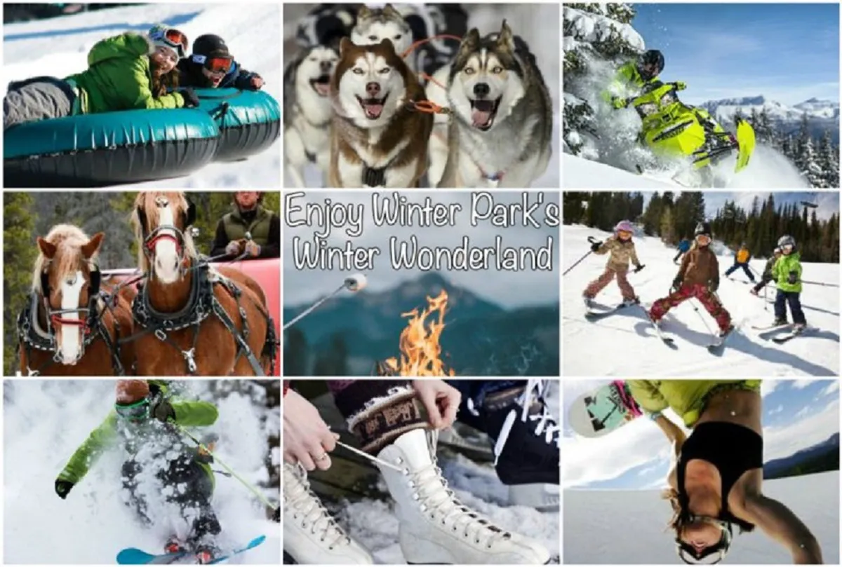 A dynamic winter scene featuring children tubing down a snowy hill, huskies for dog sledding, snowmobiling, and families enjoying a cozy fire—capturing the thrill and variety of snow-based activities available nearby.