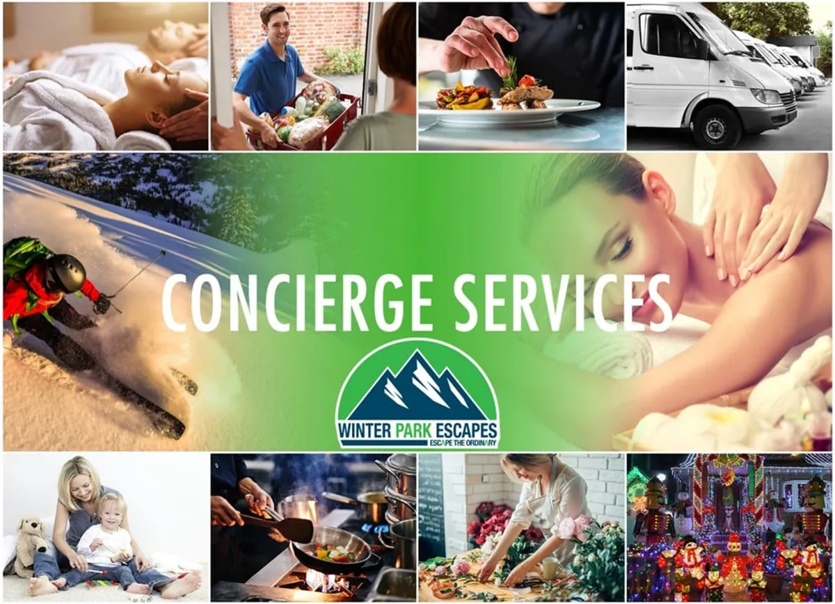 A vibrant exterior scene showcasing concierge services such as a chef preparing food, a relaxing massage, families enjoying time together, and winter sports activities like skiing. Festive decorations add a joyful, relaxed mood, tying everything to the luxury resort experience.