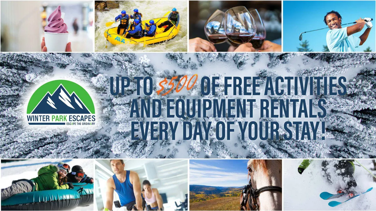 A lively interior collage featuring images of outdoor activities like white-water rafting, golfing with scenic backdrops, skiing, horseback riding, and tasting local food. The scene radiates adventure and showcases the diverse experiences available nearby.